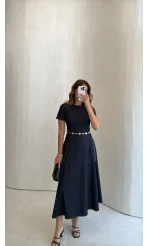 Aksesuar Kemerli Denim Elbise - Lacivert - Kod: 1056