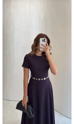 Aksesuar Kemerli Denim Elbise - Mürdüm - Kod: 1056