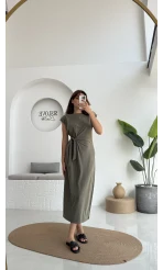 Alesia Bağlamalı Vatkalı Elbise - Haki - Kod:2131