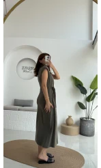 Alesia Bağlamalı Vatkalı Elbise - Haki - Kod:2131