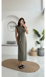Alesia Bağlamalı Vatkalı Elbise - Haki - Kod:2131