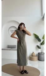 Alesia Bağlamalı Vatkalı Elbise - Haki - Kod:2131