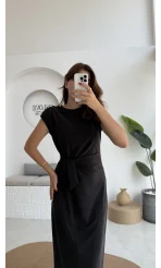 Alesia Bağlamalı Vatkalı Elbise - Siyah - Kod:2131