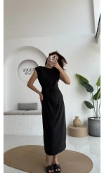 Alesia Bağlamalı Vatkalı Elbise - Siyah - Kod:2131