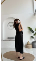 Alesia Bağlamalı Vatkalı Elbise - Siyah - Kod:2131