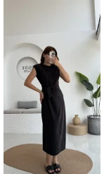 Alesia Bağlamalı Vatkalı Elbise - Siyah - Kod:2131