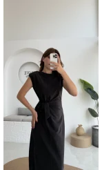 Alesia Bağlamalı Vatkalı Elbise - Siyah - Kod:2131