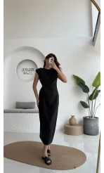 Alesia Bağlamalı Vatkalı Elbise - Siyah - Kod:2131