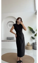 Alesia Bağlamalı Vatkalı Elbise - Siyah - Kod:2131
