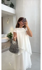 Alina Kat Kat Sıfır Kol Şallı Elbise - Beyaz - Kod: 3446