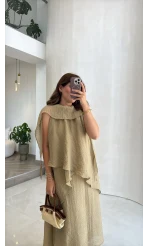 Alina Kat Kat Sıfır Kol Şallı Elbise - Haki - Kod: 3446