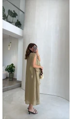 Alina Kat Kat Sıfır Kol Şallı Elbise - Haki - Kod: 3446