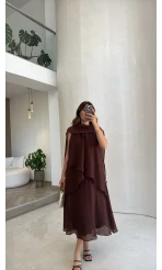 Alina Kat Kat Sıfır Kol Şallı Elbise - Kahve - Kod: 3446