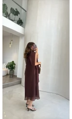 Alina Kat Kat Sıfır Kol Şallı Elbise - Kahve - Kod: 3446