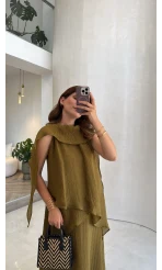 Alina Kat Kat Sıfır Kol Şallı Elbise - Olive - Kod: 3446