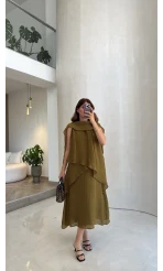 Alina Kat Kat Sıfır Kol Şallı Elbise - Olive - Kod: 3446