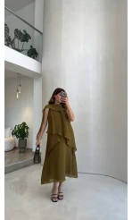 Alina Kat Kat Sıfır Kol Şallı Elbise - Olive - Kod: 3446