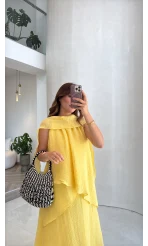 Alina Kat Kat Sıfır Kol Şallı Elbise - Sarı - Kod: 3446