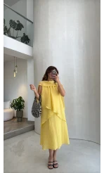 Alina Kat Kat Sıfır Kol Şallı Elbise - Sarı - Kod: 3446