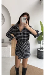 Aller Ekose Desenli Etekli Gömlek Elbise - Antrasit