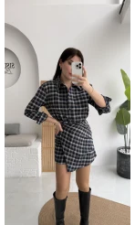 Aller Ekose Desenli Etekli Gömlek Elbise - Antrasit