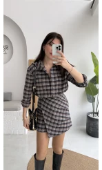 Aller Ekose Desenli Etekli Gömlek Elbise - Kahverengi