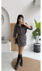 Aller Ekose Desenli Etekli Gömlek Elbise - Kahverengi