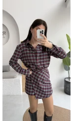 Aller Ekose Desenli Etekli Gömlek Elbise - Kırmızı