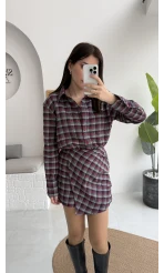 Aller Ekose Desenli Etekli Gömlek Elbise - Kırmızı