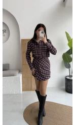 Aller Ekose Desenli Etekli Gömlek Elbise - Kırmızı