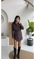 Aller Ekose Desenli Etekli Gömlek Elbise - Kırmızı