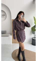 Aller Ekose Desenli Etekli Gömlek Elbise - Kırmızı