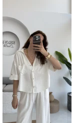 Aloe Yarım Kol Cepli Gömlek Pantolon Takım - Beyaz