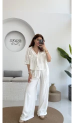 Aloe Yarım Kol Cepli Gömlek Pantolon Takım - Beyaz