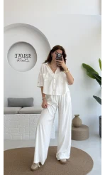 Aloe Yarım Kol Cepli Gömlek Pantolon Takım - Beyaz