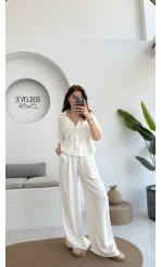 Aloe Yarım Kol Cepli Gömlek Pantolon Takım - Beyaz