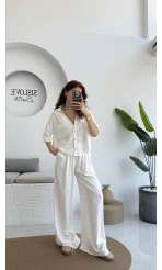 Aloe Yarım Kol Cepli Gömlek Pantolon Takım - Beyaz