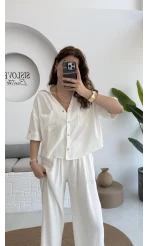 Aloe Yarım Kol Cepli Gömlek Pantolon Takım - Beyaz