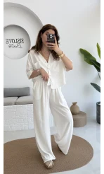 Aloe Yarım Kol Cepli Gömlek Pantolon Takım - Beyaz