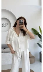 Aloe Yarım Kol Cepli Gömlek Pantolon Takım - Beyaz