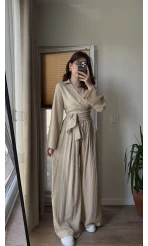 Amalfia Kısa Bağlamalı Gofre Takım Krem