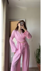 Amalfia Kısa Bağlamalı Gofre Takım Pembe