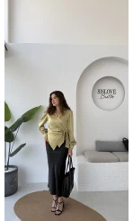 Amanda Bağlamalı Saten Gömlek - Yağ Yeşili - Kod: 2134