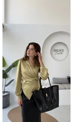 Amanda Bağlamalı Saten Gömlek - Yağ Yeşili - Kod: 2134