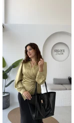 Amanda Bağlamalı Saten Gömlek - Yağ Yeşili - Kod: 2134