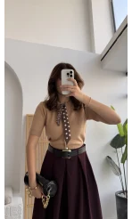 Amelia Fularlı CROP Hırka - Camel - Kod: 4561