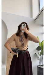 Amelia Fularlı CROP Hırka - Camel - Kod: 4561