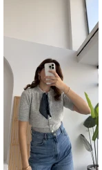 Amelia Fularlı CROP Hırka - Gri - Kod: 4561