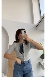 Amelia Fularlı CROP Hırka - Gri - Kod: 4561