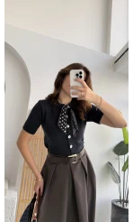 Amelia Fularlı CROP Hırka - Lacivert - Kod: 4561